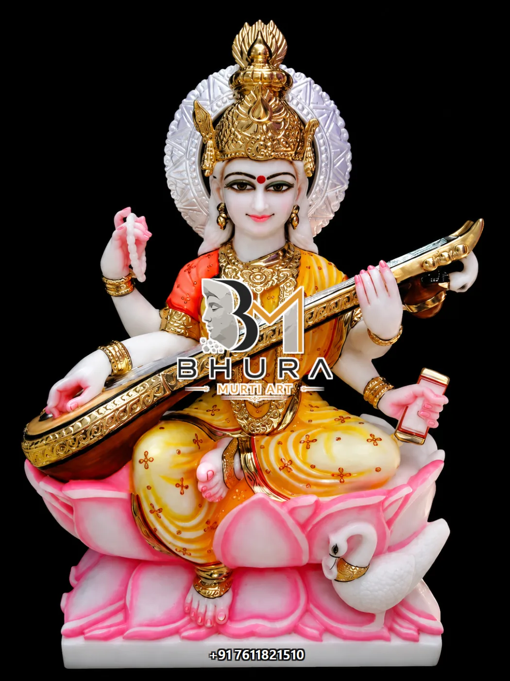 Veena Music Goddess Saraswati Marble Statue Collection - handcrafted marble design view 5