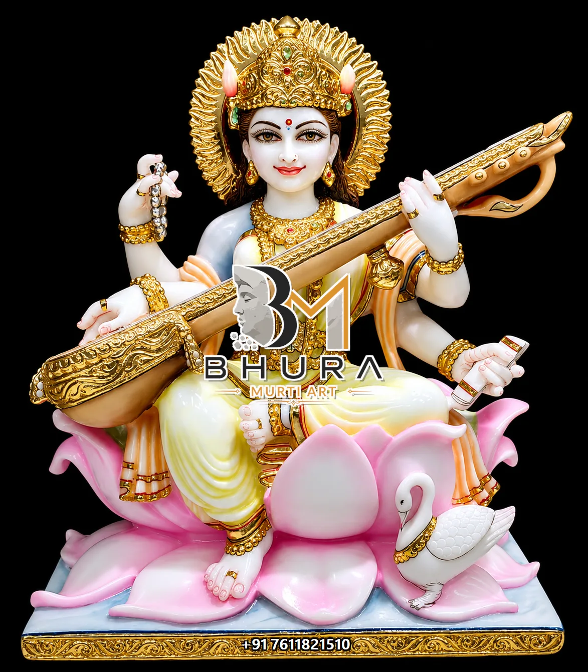 Blessing Pose Goddess Saraswati Marble Statue Collection - handcrafted marble design view 3