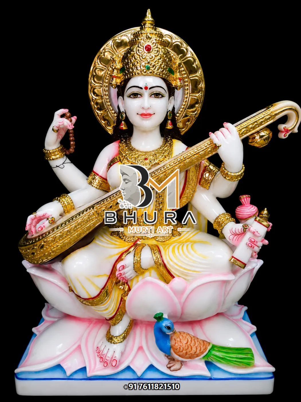 Blessing Pose Goddess Saraswati Marble Statue Collection - handcrafted marble design view 5
