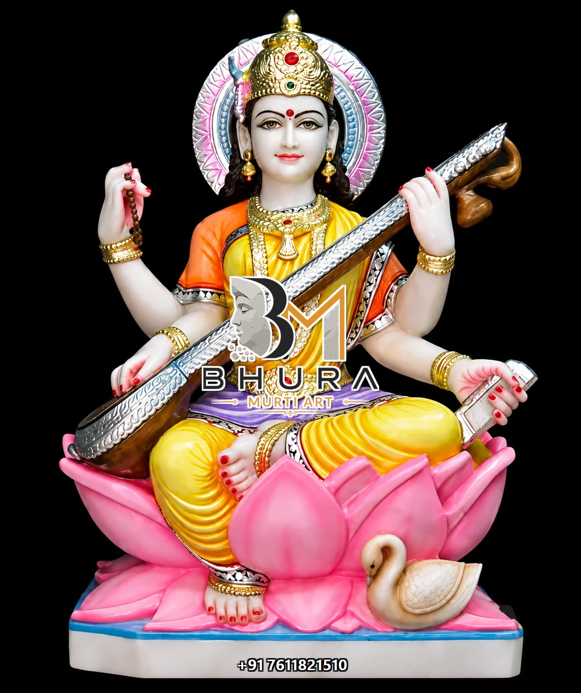 Ornamental Goddess Saraswati Marble Statue Collection - handcrafted marble design view 3