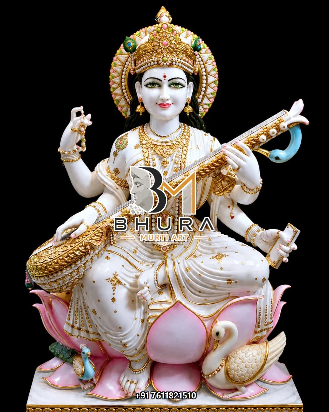 Ornamental Goddess Saraswati Marble Statue Collection - handcrafted marble design view 4