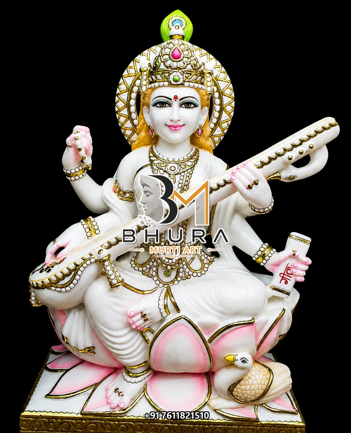 Serene Goddess Saraswati Marble Statue Collection - handcrafted marble design view 4