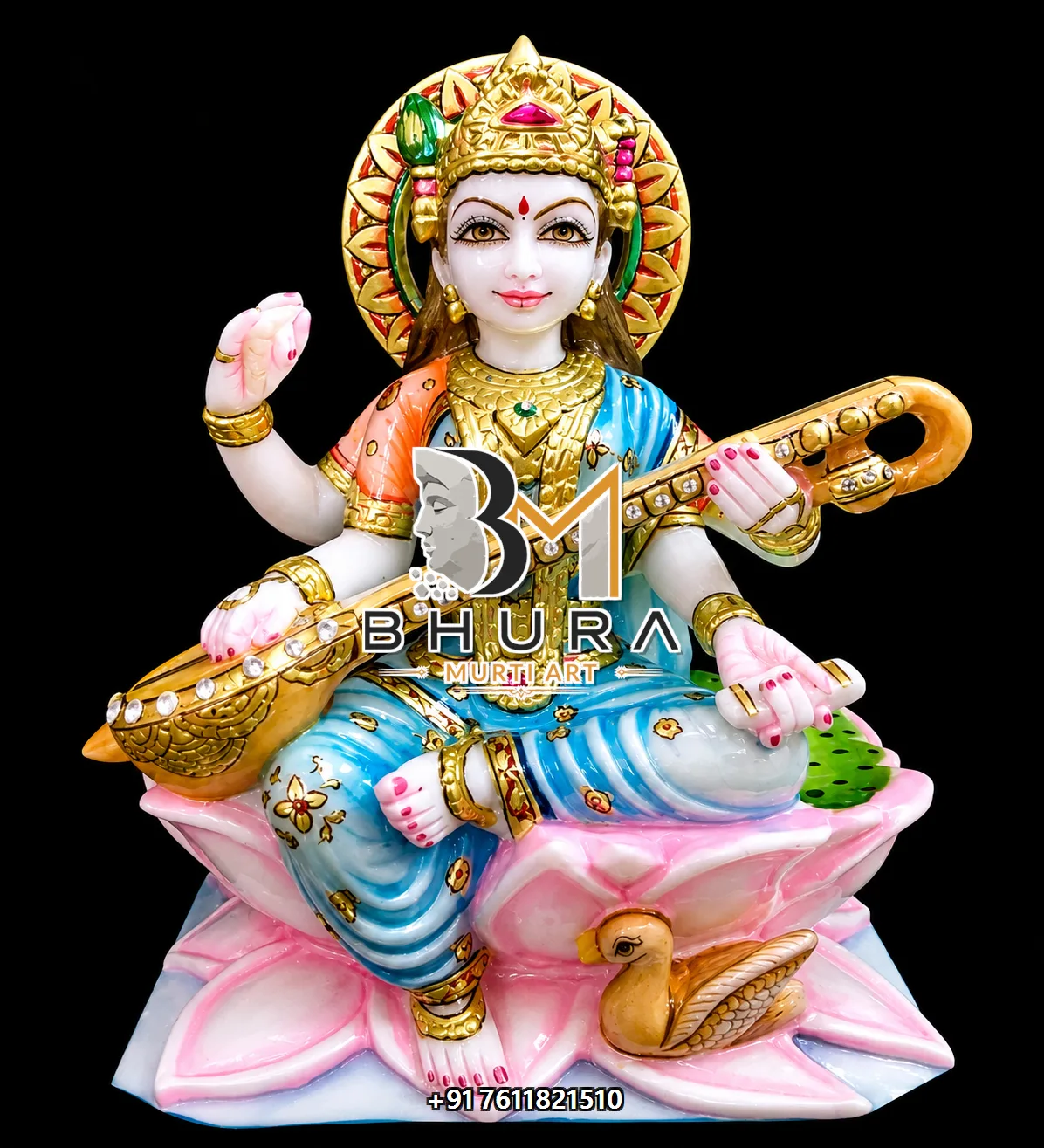 Majestic Goddess Saraswati Marble Statue Collection - handcrafted marble design view 2