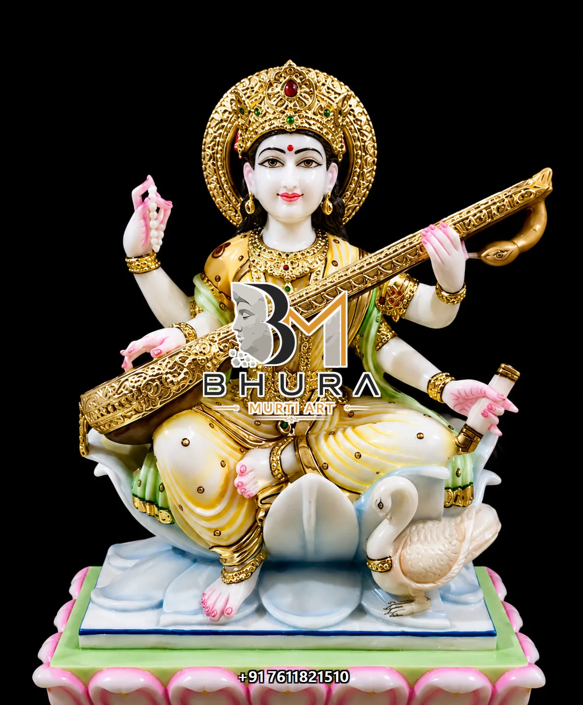 Contemporary Goddess Saraswati Marble Statue Collection - handcrafted marble design view 2
