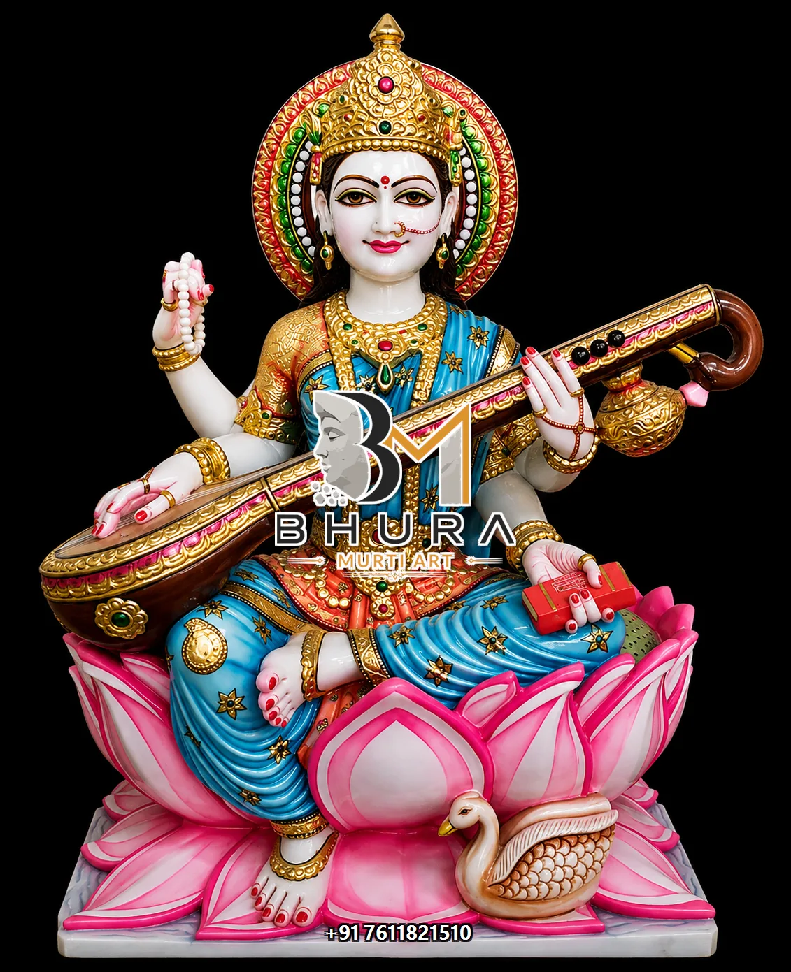 Contemporary Goddess Saraswati Marble Statue Collection - handcrafted marble design view 4