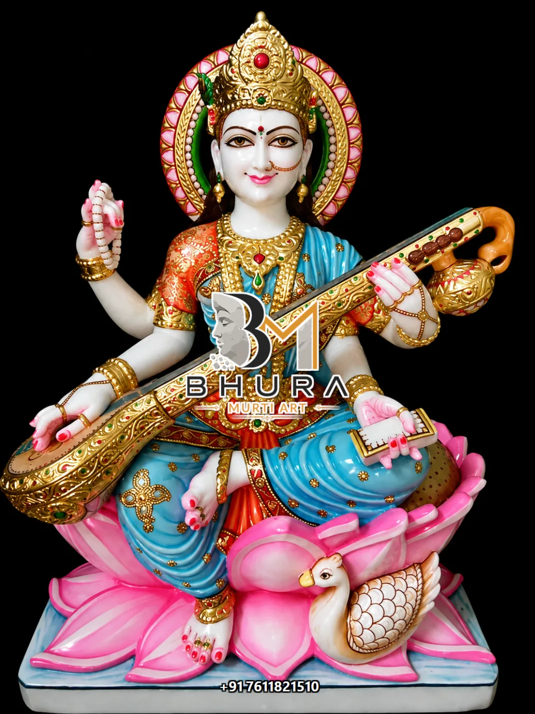 Traditional Indian Goddess Saraswati Marble Statue Collection - handcrafted marble design view 3