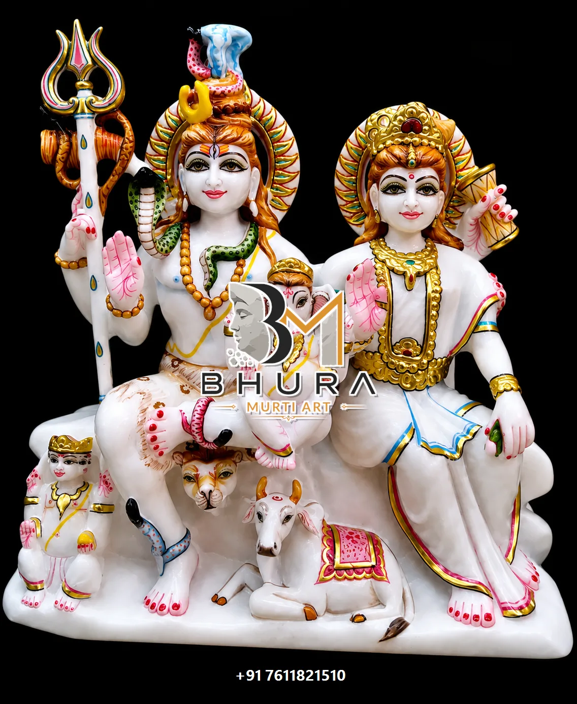 Family Pose Shiv Parvati Marble Statue Collection - handcrafted marble design view 2
