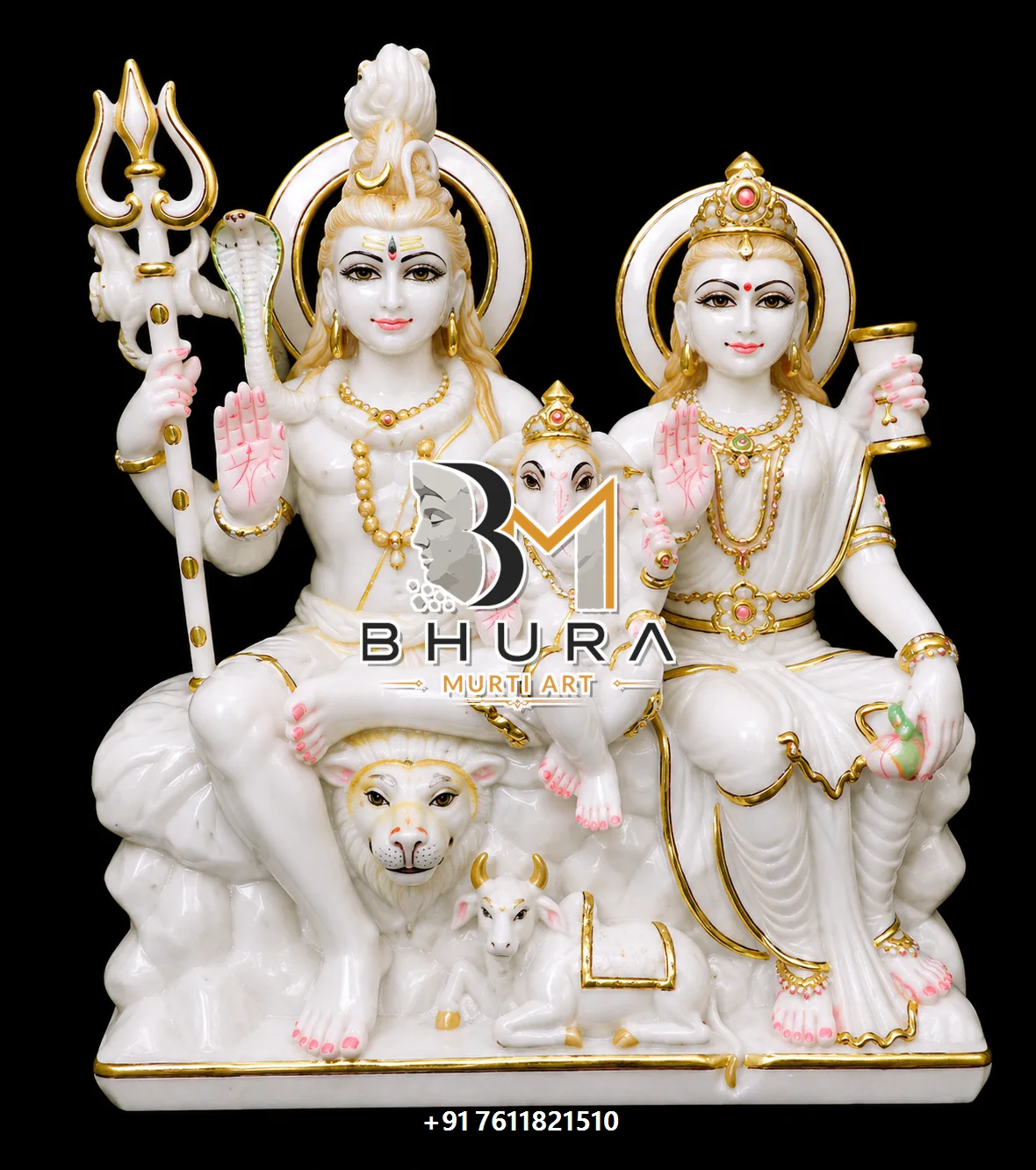 Family Pose Shiv Parvati Marble Statue Collection - handcrafted marble design view 4