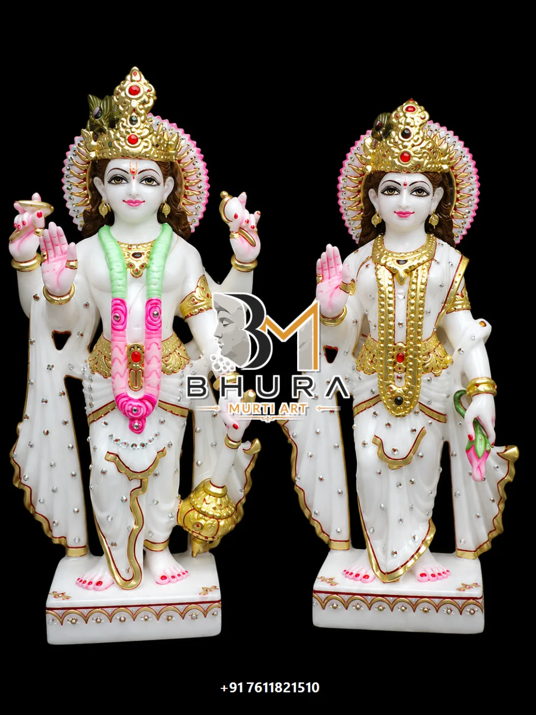 Blessing Pose Vishnu Laxmi Marble Statue Collection - handcrafted marble design view 2