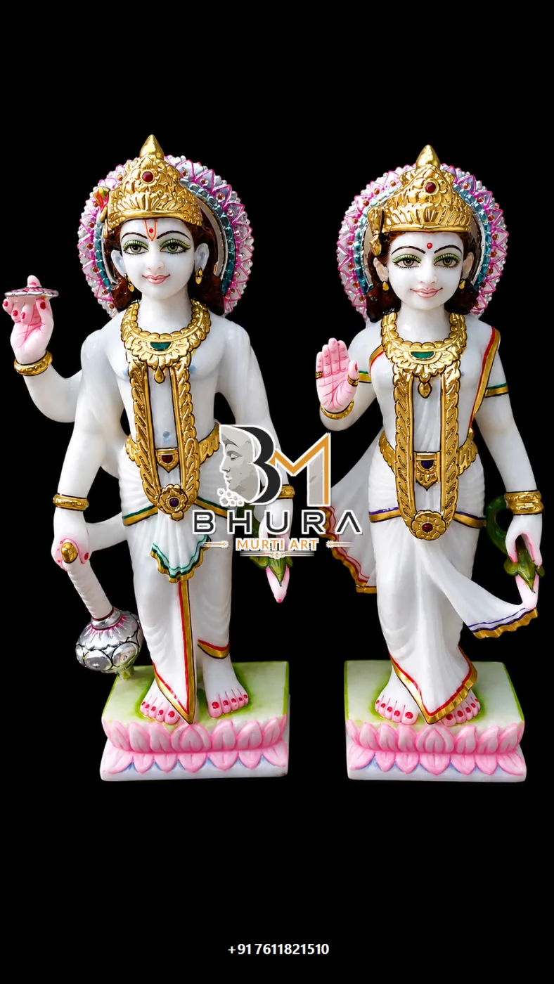 Blessing Pose Vishnu Laxmi Marble Statue Collection - handcrafted marble design view 3